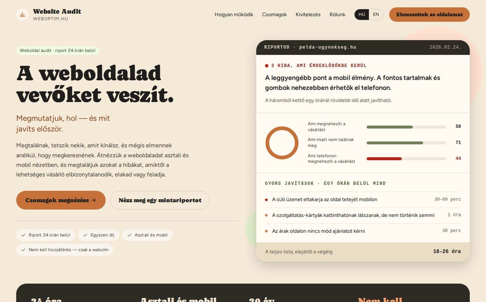 A régi webchecker.weboptimai.com nyitóképernyője: balra a cím és a szöveg, jobbra egy sötét riportdoboz a mért pontszámokkal.