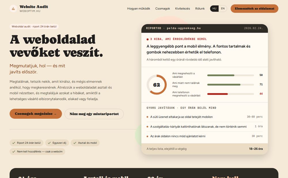 Ugyanaz a nyitóképernyő az újraépített WordPress-lapon — azonos felépítés, azonos szövegek, azonos riportdoboz.